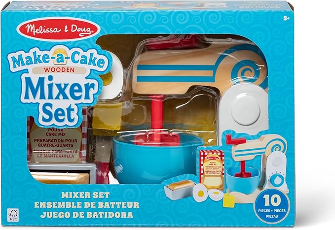 Melissa & Doug Wooden Make-a-Cake Mixer Set (11 pcs) - Play Food and Kitchen Accessories - FSC Certified