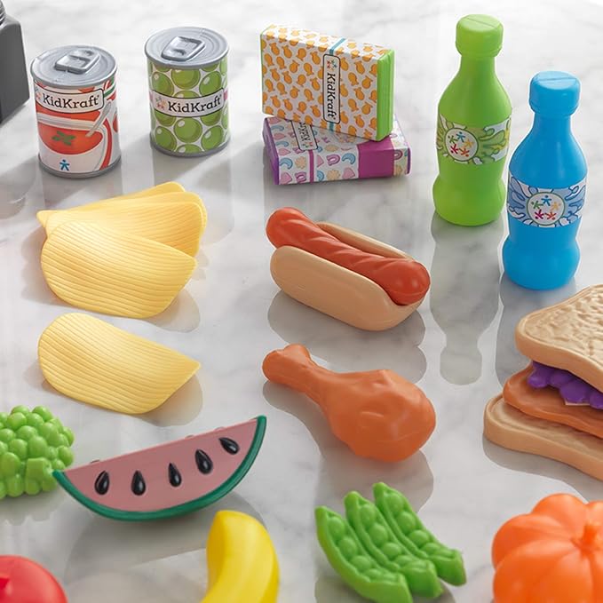 KidKraft 65-Piece Plastic Play Food Set for Play Kitchens, Fruits, Veggies, Sweets, Drinks and More, Gift for Ages 3+