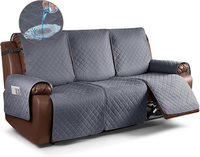 KinCam Waterproof Recliner Sofa Cover, Non-Slip Reclining Couch Covers for 3 Seat, Recliner Couch Cover Furniture Protector with Elastic Straps for Pets, Kids, Dark Gray