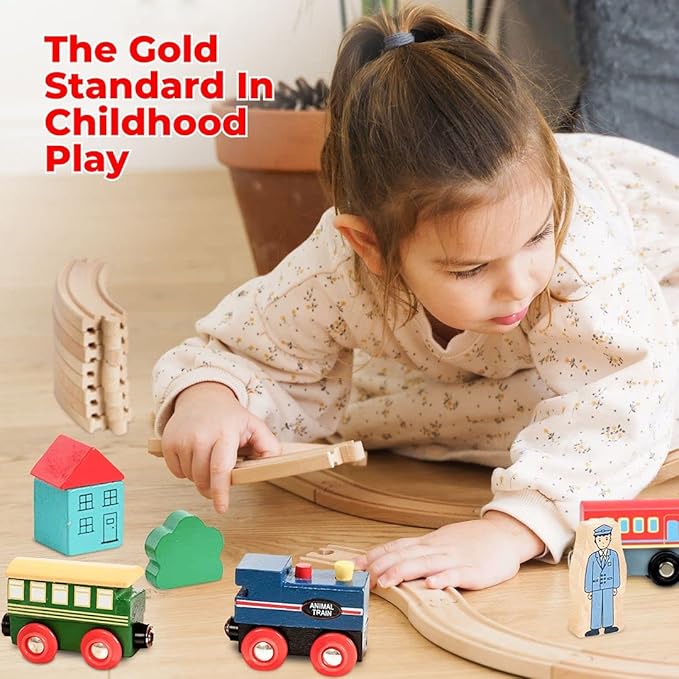 Wooden Train Set 35 Piece All in One Wooden Toy Train Tracks Set with Magnetic Trains and Railway Accessories, Comes in A Clear Container, Compatible with All Major Brands