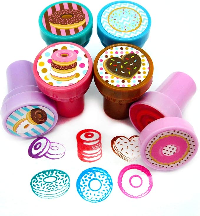 TINYMILLS Donuts Birthday Party Favor Set (12 multi-point pencils, 12 self-inking stampers, 12 sticker sheets, 12 small spiral notepads) Donuts party supplies party favor favor stuffers