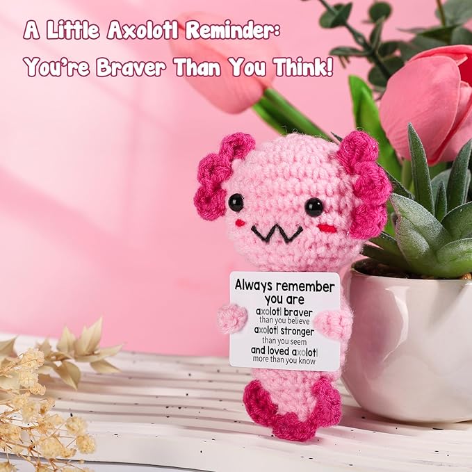 Positive Crochet Animal Axolotl, Handmade Emotional Supporting Plush Gifts for Women Girls Teens Friends, Birthday Christmas Stocking Stuffers Toy Gift Under 10 Dollars, Motivational Encouragement