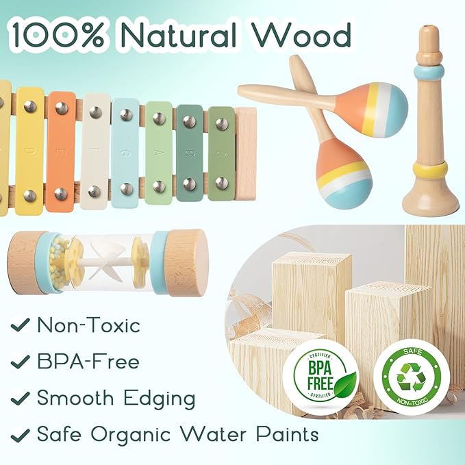 Toddlers Musical Instruments - Montessori Musical Toys for Toddlers 1-3，Modern Boho Xylophone，Neutral Colors Wooden Percussion Instruments Set