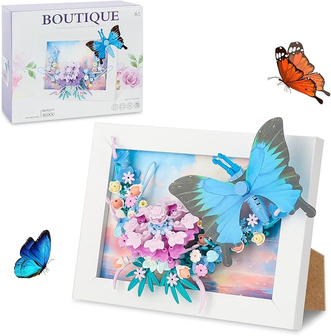 QLT QIAOLETONG Butterfly Insects Flowers Photo Frame Micro Mini Bricks Building Set, Botanical Collection Wall Art Home Office Decor, Ideas Gift Building Toy for Boys Girls Adults（P2277）