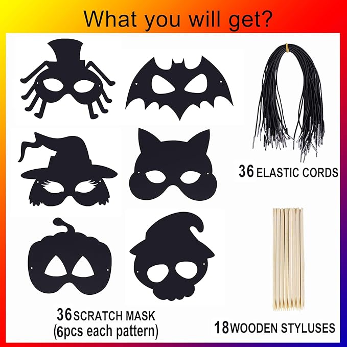 Max Fun 36PCS Halloween Rainbow Scratch Mask, Art Craft Kit for Kids Birthday Cosplay Classroom Decoration, Magic Scratch Paper Halloween Party Favor Supplies Bat Witch Pumpkin Zombie Pirate Skull