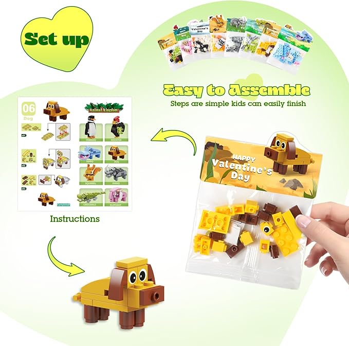 Valentines Day Gifts for Kids - 24 Pack Prefilled Animal Building Blocks with Valentine's Day Cards Sets for School Classroom Class Party Favor, Valentines Crafts Exchange for Boys Girls Teens