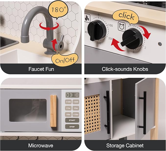 ROBUD Play Kitchen for Kids, Wooden Play Kitchen Set with Sounds & Lights, Modern Vintage Pretend Play Kitchen Set for Toddlers, Gift for Boys & Girls, 3+ (Gray)