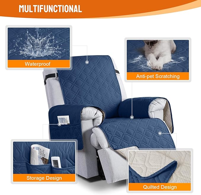 VANSOFY 100% Waterproof Recliner Chair Covers, Recliner Cover Non-Slip Dog Chair Cover Furniture Protector Washable Slipcover with Pocket, Elastic Straps for Pets, Dogs(Ocean Blue, 30")