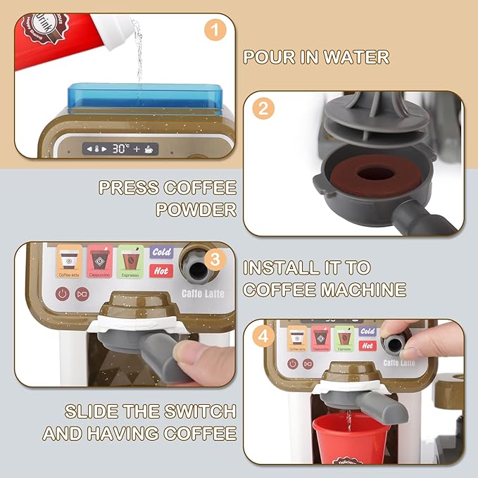 deAO Pretend Play Store Coffee Playset Kids Coffee Maker Play Set Pizzas Shop with Cash Register 30pcs STEM Toy for Kids Pre-School Pretend Toy for Toddlers Boys & Girls Age 3+