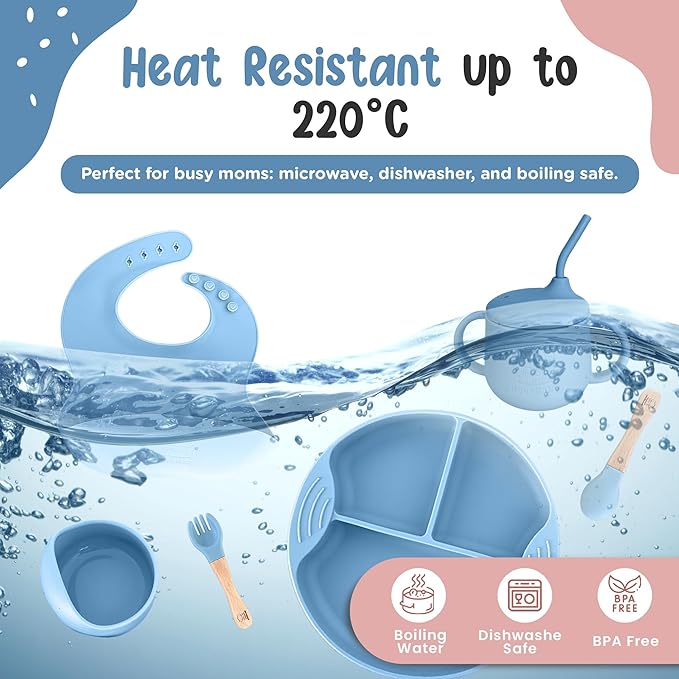 Silicone Baby Feeding Set, Eating Utensils with Suction Plate and Bowl, Baby Led Weaning Supplies, Toddler Self Feeding Dish Set with Waterproof Full Sleeve Bib, Spoon, 10pcs (Blue)