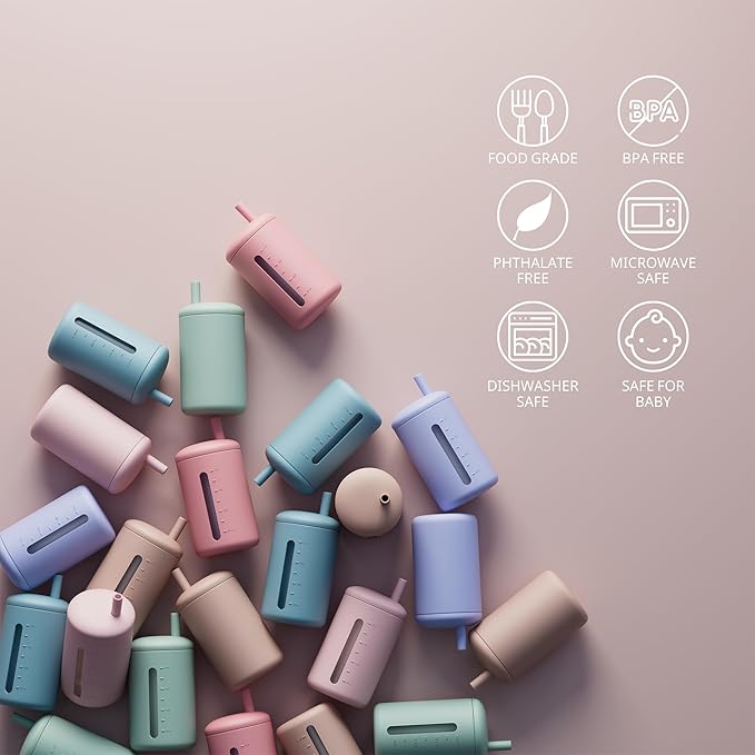 Silicone Straw Cup, 200ml Trainer Cup Toddler Training Straw Cup for Boys and Girls, Unbreakable, 100% Food Grade Silicone (Ether/Cambridge Blue)