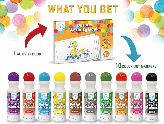 Dot Markers for Toddlers Activities and Kids 10 Colors Washable Bingo Daubers, Dot Art, Toddler Art and Crafts, Bingo Markers and Includes a Free Dotting Markers Activity Book
