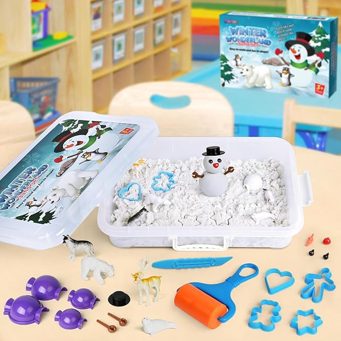Winter Wonderland Snow Sand Playset, Creativity Toy Sensory Bin with Arctic Animal Figures, 2 Lbs of Sand and Snowman Molds for Boy Girl Kid Toddlers Age 3-8
