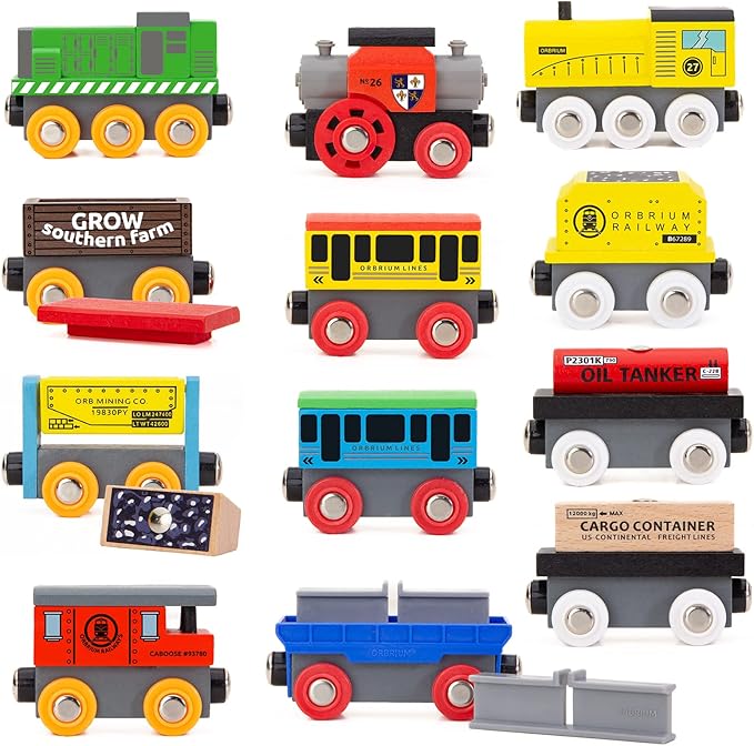 Orbrium 12 Wooden Train Cars Set with Wooden Storage Box with Box Cover Tunnel for 3,4,5,6,7 Years Old Compatible with Thomas & Friends Push-Along, Brio, IKEA, Imaginarium, Melissa and Doug