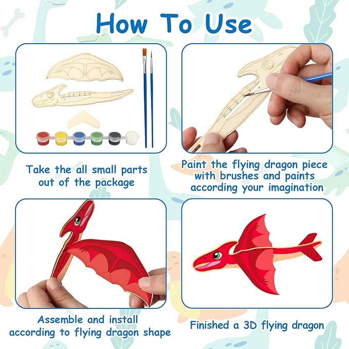 Fennoral 14 Pack Wooden Dragon Craft for Kids Make Your Own 3D Dragon kit for Boys Girls DIY Paint Wood Craft for School Art Activity Kids Birthday Gifts