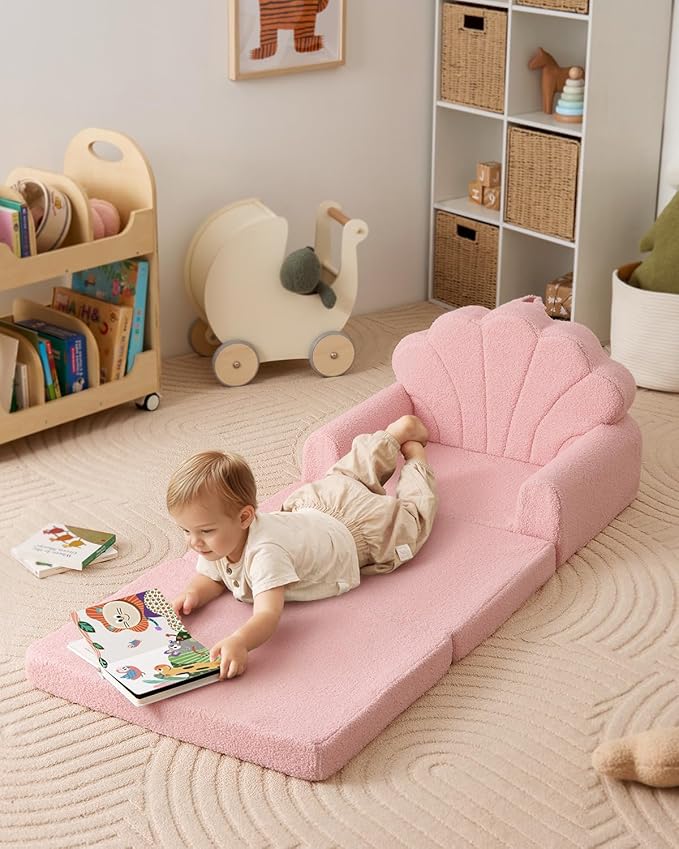 Blissful Diary Kids Couch, 2-in-1 Soft Toddler Couch Fold Out, Toddler Chair Comfy, Convertible Sofa to Lounger with Cute Shell Designs, Pink