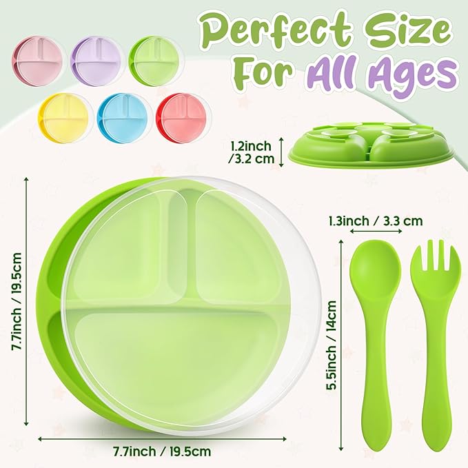 Meanplan 6 Pack Suction Plates for Toddlers with Lids Silicone Baby Plates set Food Grade Silicone Divided Design BPA Free Microwave and Dishwasher Safe Assorted Colors(Bright Colors)