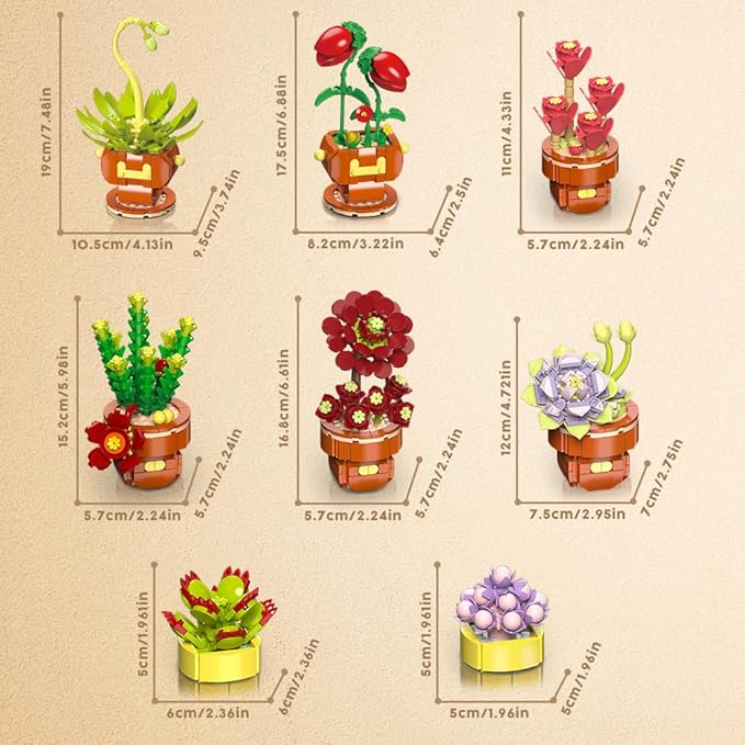 Succulent Flowers Bonsai Building Sets, 8 Packs Botanical Collection Building Block Kit for Home Decor, 1234 PCS Plant Building Toy Gifts for Adults Kids Girls Boys Ages 6 7 8 9 10 11 12+