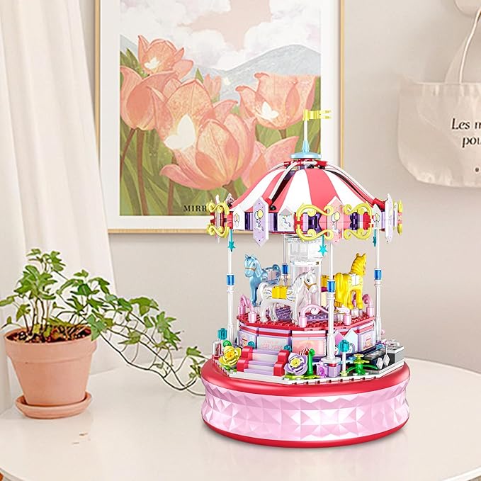 591 Piece Mini Music Box Building Block Set,Rotating Carousel DIY Building Toy,Girl Amusement Park Building Block Kit,STEM Educational Toys,Christmas Birthday Gifts for Girls Boys Ages 6-12+
