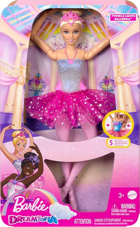 Barbie Dreamtopia Doll, Twinkle Lights Posable Ballerina with 5 Light-Up Shows, Sparkly Pink Tutu, Blonde Hair & Hair Accessory