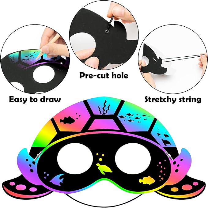 WATINC 30pcs Ocean Animals Scratch Masks for Kids, 6 Styles Summer Paper Scratch Off Art Magic Craft Party Favors Kit, DIY Under The Sea Project for School Classroom Activity Birthday Party