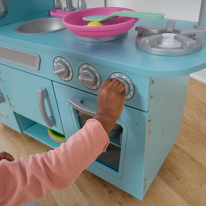KidKraft Vintage Wooden Play Kitchen with Pretend Ice Maker and Play Phone, Blue