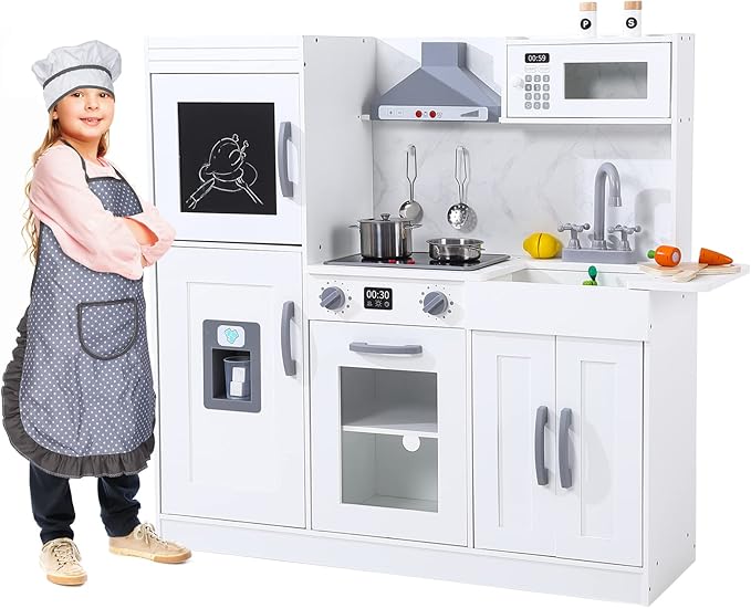 Play Kitchen for Kids, Wooden Play Kitchen with Toy Storage System, Toy Kitchen Set with Plenty of Play Features, Gift for Ages 3+,White