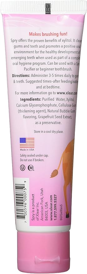 Spry Xylitol Baby Toothpaste, Natural Toddler Toothpaste, Fluoride Free Toothpaste for Kids, Xylitol Toothpaste for Kids Age 3 Months and Up, Tooth Gel Bubble Gum 2 Fl Oz (Pack of 3)