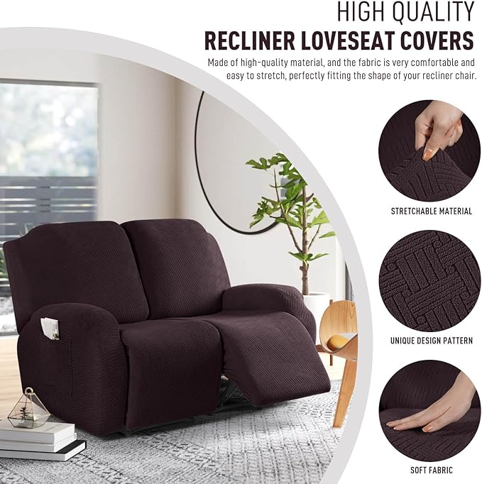 KinCam Recliner Covers, Stretch Reclining Chair Covers, Recliner Sofa Slipcovers Stripe Jacquard Recliner Couch Covers Furniture Protector Covers for Pet Kid (2 Seater, Chocolate)