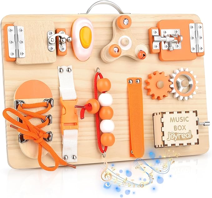 Joyreal Wooden Busy Board for Toddlers - Montessori Sensory Activity Board for Fine Motor Skills, Travel Busy Board Educational Sensory Toys for Children for Toddlers & Kids