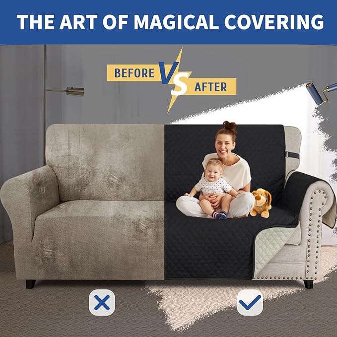 XINEAGE Loveseat Sofa Cover Waterproof Couch Covers for 2 Cushion Couch, Soft Washable Slipcover with Pockets & Non-Slip Elastic Straps, Thick Furniture Protector (Loveseat, Black)