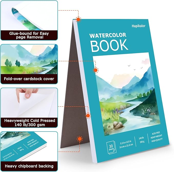 Hapikalor 5.5"x8.5"Watercolor Small Sketchbook for Kids, 30 Sheets (60 Pages) Spiral Bound, Water Color Paper, 140lb/300gsm Watercolor Paper, Watercolor Notebook, Watercolor Journal, Sketch Pad, Teal