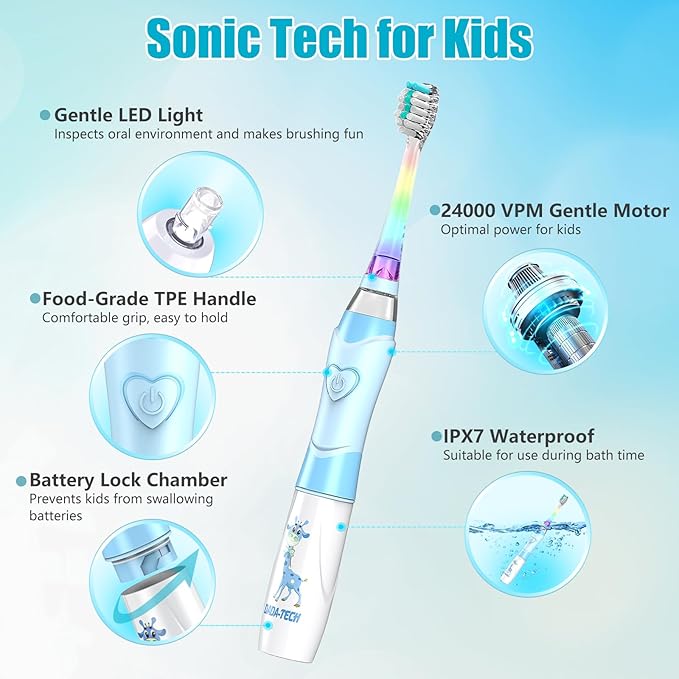 Kids Electric Toothbrush Toddler Toothbrush Age 2-4-8-12 Electric Toothbrush Kids with Timer Rainbow LED Light Up Vibrating Toothbrush Battery Operated Childrens Sonic Tooth Brush (Blue Giraffe)