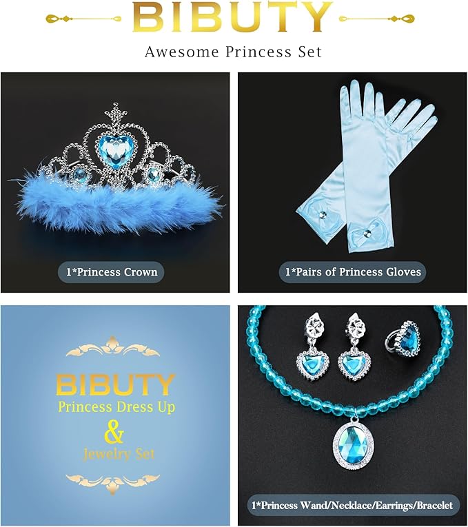 Princess Dress Up Accessories Princess Gloves, BIBUTY 7pcs Dress Up Set for Toddler Girls with Princess Crown, Wand, Gloves, Necklace, Earrings, Bracelet and Ring, Costume Toys for 3-6 yr Little Girls