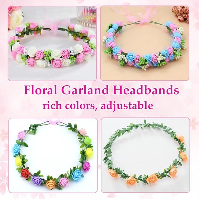 WUBOMJIO DIY Flower Crown Crafting Kit(Rose Theme), Make Your Own 12PC Floral Crown Garland Kit, Presents for Kids Ages 6 7 8 9 10 Years Old and Up