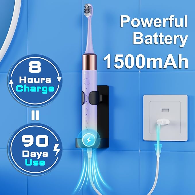 Sonic Electric Toothbrush for Adults & Kids, Rechargeable Electric Toothbrush with 10 Brush Heads & Travel Case, Teeth Whitening, Power Electric Toothbrush with Holder, Charge for 120 Days - Purple
