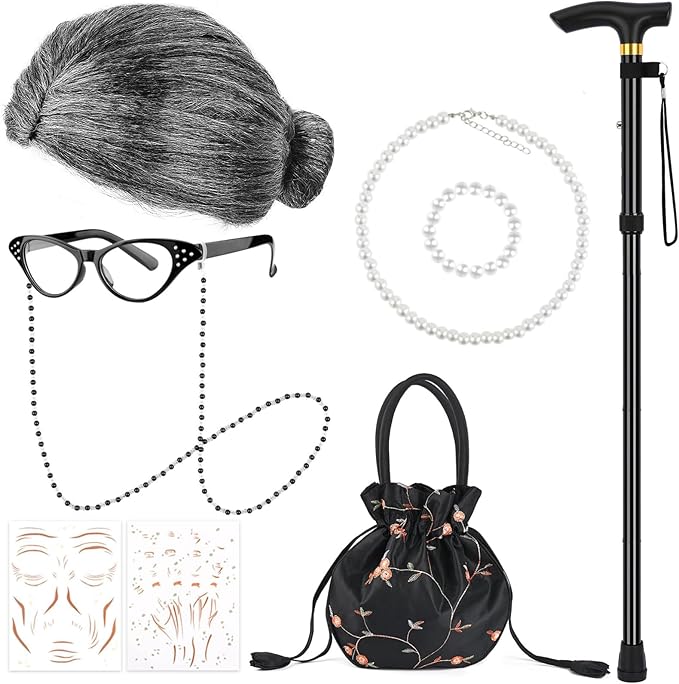 9 PCS 100 Days of School Old Lady Wig Set Include Wig Glasses Necklace Bracelet Glasses Chain Bag Cane and Stickers