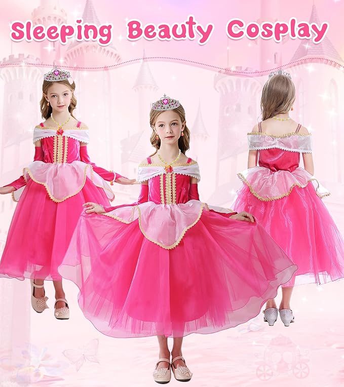 Princess Dress Up Clothes for Little Girls, Belle Costume Dress with Accessories for Birthday Party Cosplay Halloween