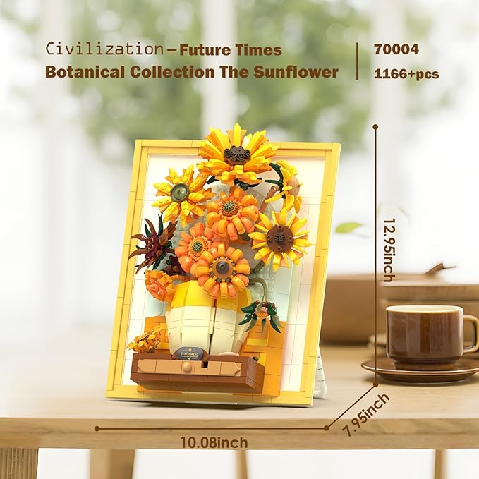JMBricklayer Flowers Sunflower Building Sets for Adult with Lights 70004, Van Gogh Wall Art Crafts Ideas Flower Bouquet, Painting Frame Room Decor, Valentine’s Day Birthday Gifts for Women Girl