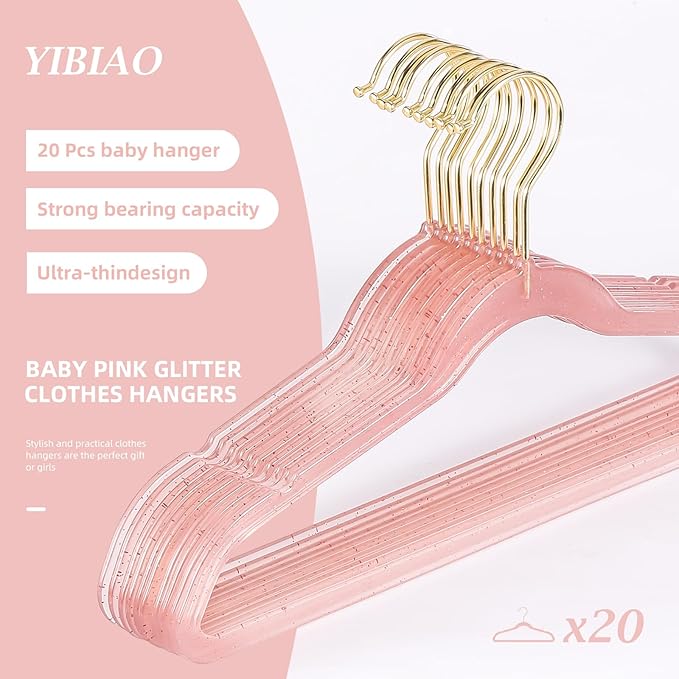 Baby Glitter Hanger 20 Pack,13.97" Kids Toddler Hangers for Closet,Pink Sparkling Plastic Baby Clothes Hangers,Girl Toddler Hangers, Non-Slip Space Saving Kid Hangers for Dress Up