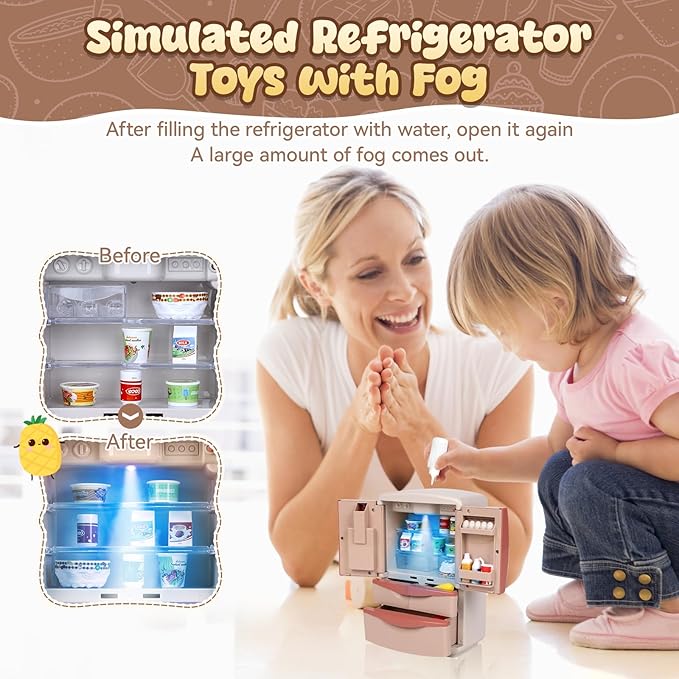 Coherny Play Kitchen Toys Fridge Refrigerator with Ice Dispenser,Mini Dollhouse Furniture Fridge Kids Kitchen Playset with Mini Play Food,Toddler Kitchen Playset Accessories for Boys Girls