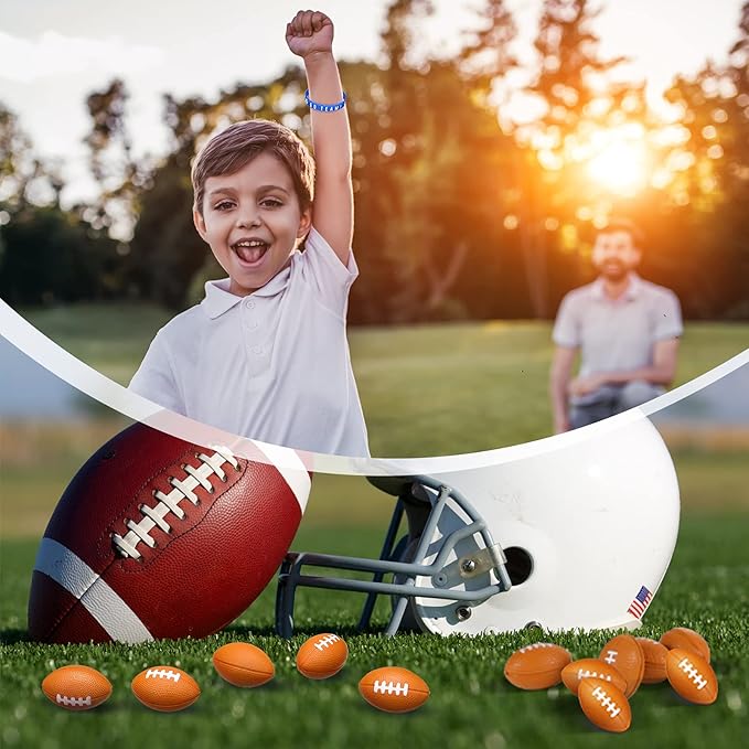 Sumind 48 Pcs Football Party Favors Include Mini Football Stress Balls and Sports Silicone Charm Bracelets Rugby Silicone Wristbands for Sports Themed Birthday Party Reward