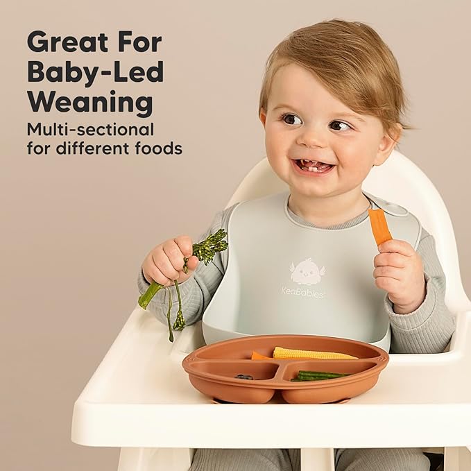 KeaBabies Suction Plates with Lids for Baby - 3-Pack 100% Silicone Suction Plates for Baby, Kids,Toddler Plates,Divided Baby Plates with Suction,Lids, BPA-Free, Microwave, Dishwasher Safe (Terracotta)