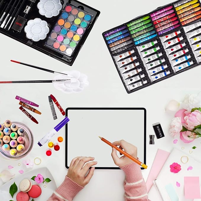 KINSPORY Deluxe Art Supplies Kit for Kids, Boys, Girls, Teens, Ages 5-12, with Sketch Pad, Watercolors, Crayons, Pencils, Markers, Oil Pastels, Palettes, Brushes, Erasers - Blue