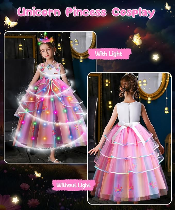 TOLOYE Princess Dresses for Girls, Light Up Mermaid Unicorn Costume Dress with Accessories for Halloween Carnival Cosplay