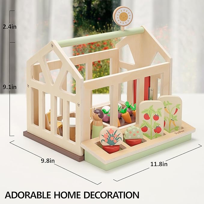 PairPear Dollhouse Furnitures Flower Garden Toy Greenhouse Playset,Toddlers Wooden Toys Dollhouse Garden Toys,Pretend Play Food Set for Girls Boys 3 Years and Up
