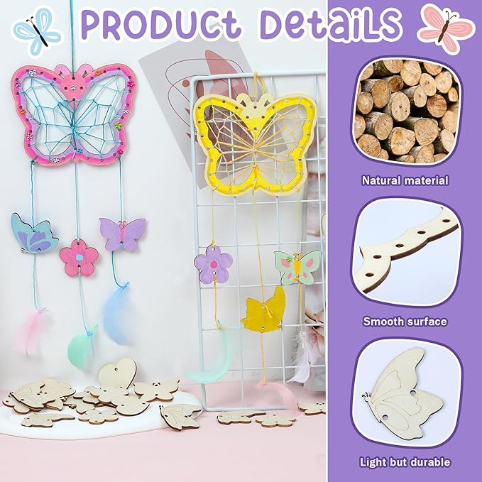 TREACLUB 8Pack Butterfly Dream Catcher Craft Kit for Kids, Unfinished Wooden Butterflies Wood for Painting, Butterfly Shaped Dream Catcher Craft for Home Classroom Brithday Spring Summer Art Activity