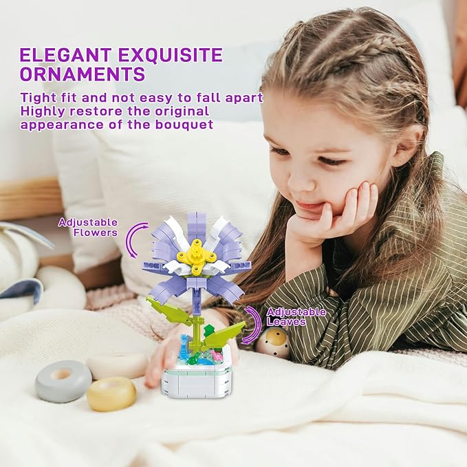 Flower Bouquet Building Set with Base, Flower Building Set Artificial Plant Flowers Building Blocks for Home Office Decor, Birthday Gifts, Desktop Trinkets Age 6+