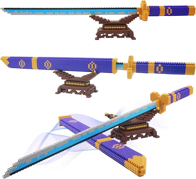 Cosplay Anime ONE Piece Zoro Swords Building Blocks Set, 22.8in Samurai Katana Zoro Sword Building Blocks with Scabbard & Stand, Cartoon Roronoa Yamato Sword Model