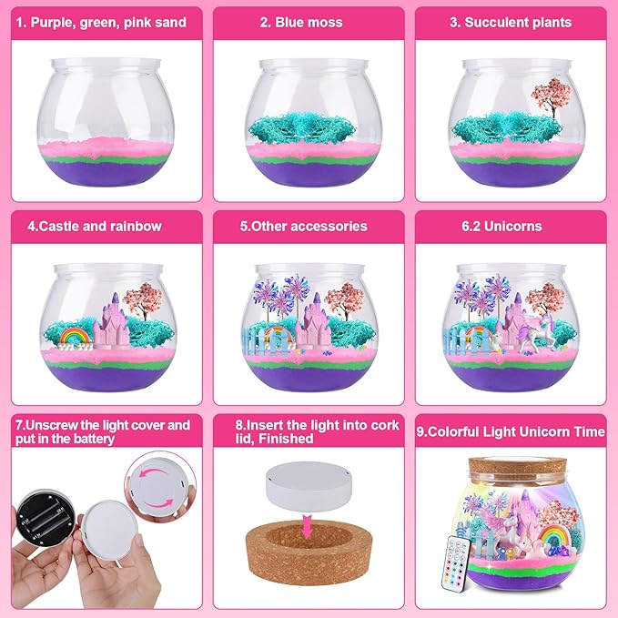 Uni-Corn Terrarium Kit Toys for Girls - Birthday Christmas Gift for Girls Ages 4 5 6 7 8-12 Year Old - Light Up DIY Uni-Corn Arts and Crafts for Kids
